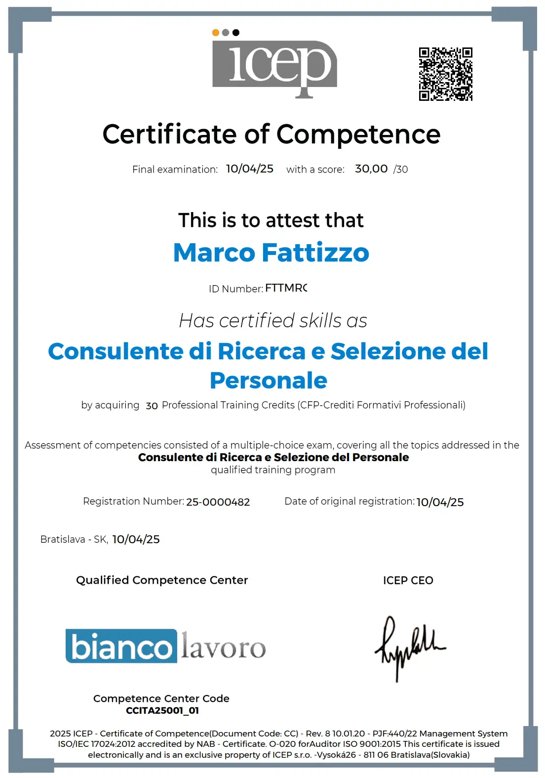 Esempio certificazione ICEP
