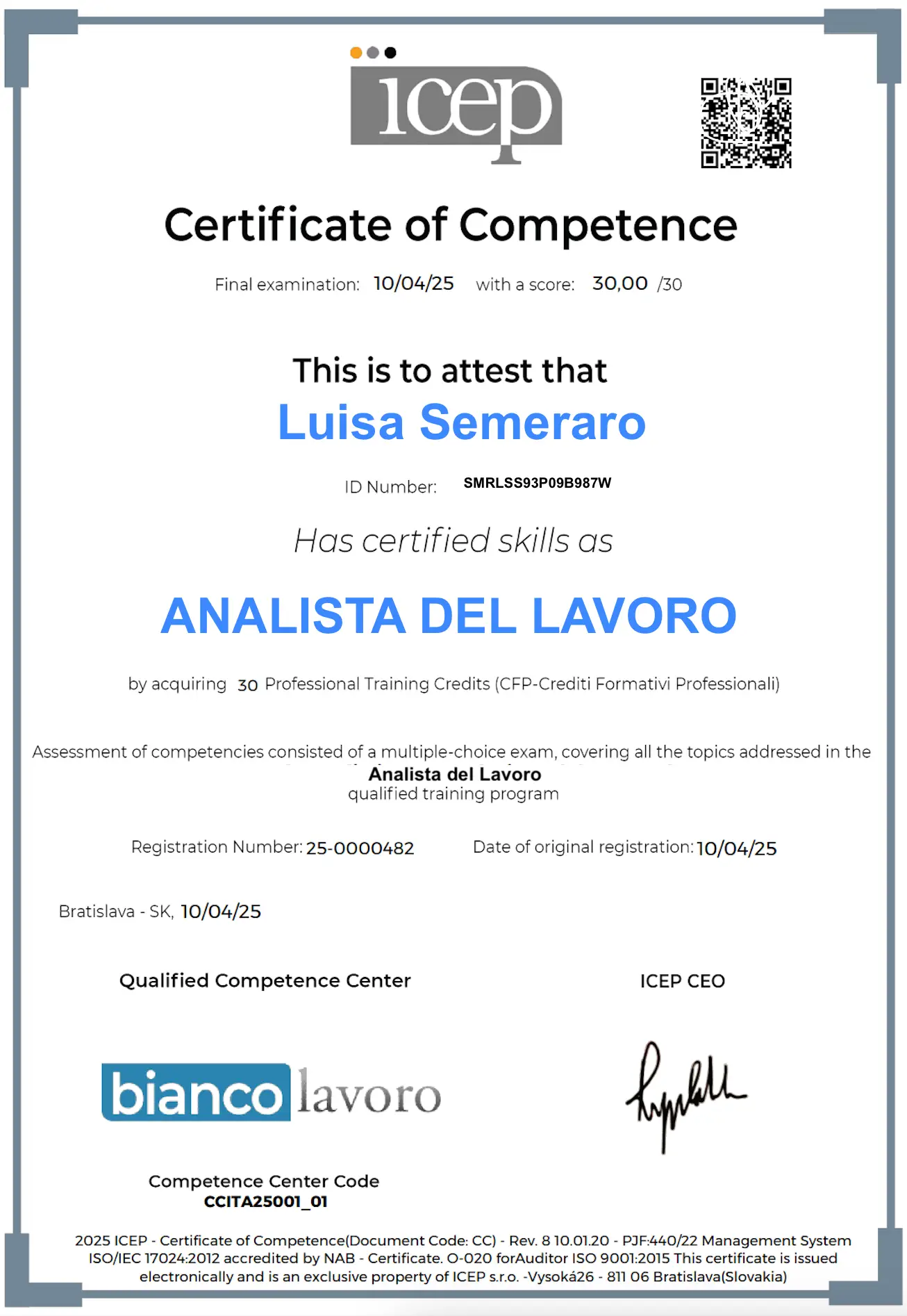 Esempio certificazione competenze ICEP