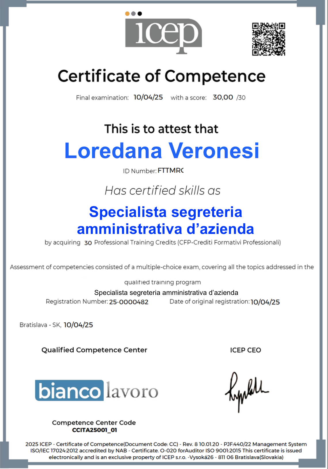 Certificato delle Competenze ICEP