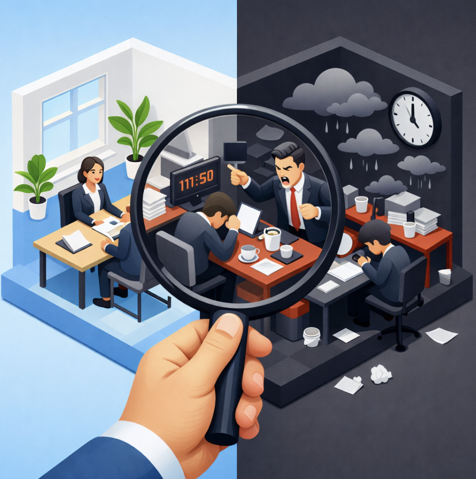 Illustrazione isometrica: colloquio sereno vs ufficio tossico