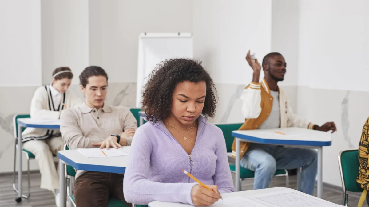 Studenti concentrati mentre svolgono una prova scritta in aula