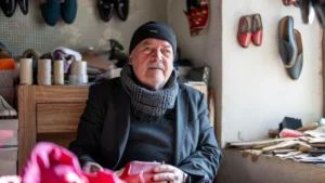 Un anziano artigiano lavora a un paio di scarpe nella sua bottega
