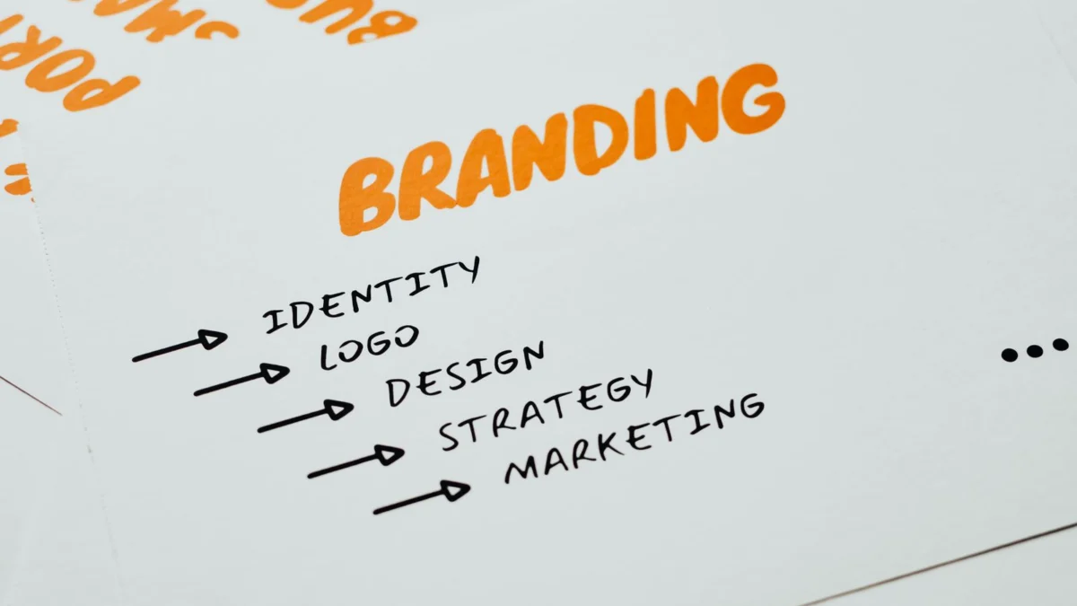 Foglio con le parole branding, identità, design e strategia scritte in arancione e nero